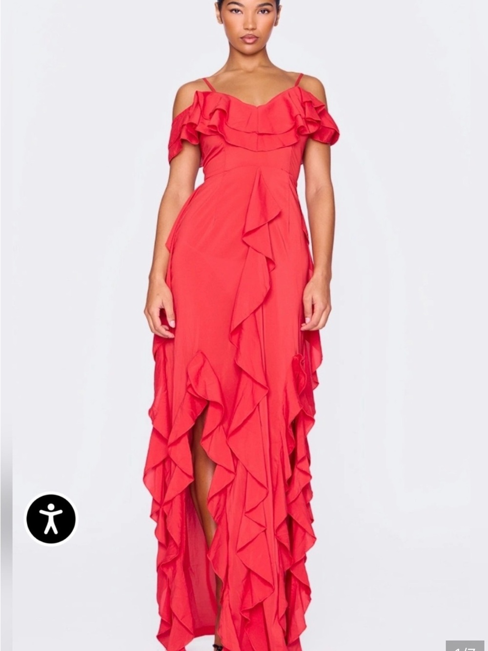 PrettyLittleThing Red Ruffle High-Low Maxi Dress - Picture 2 of 9